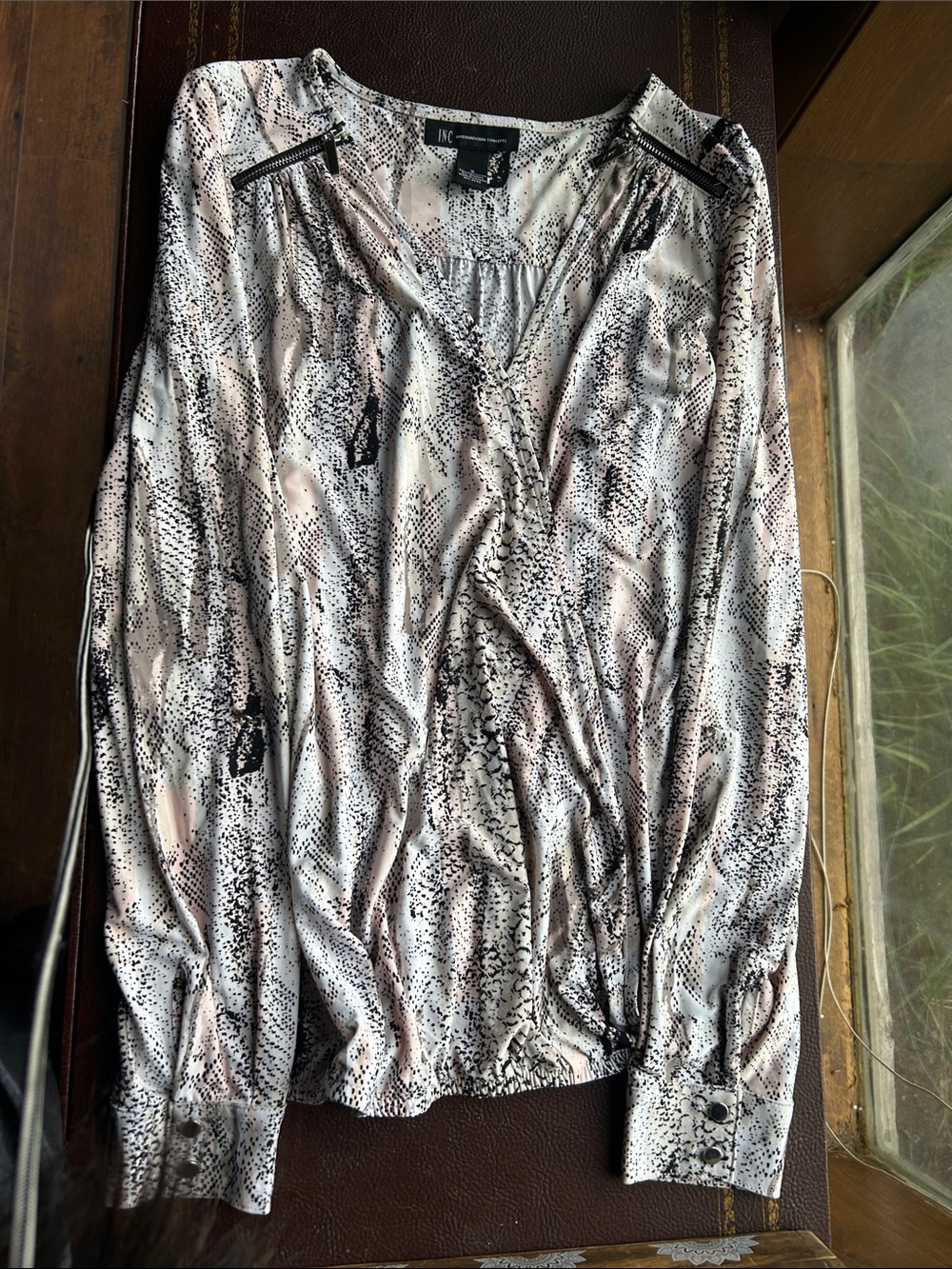 International Concepts: Black, Cream, Pink Snake-Print Blouse with Zip Accents